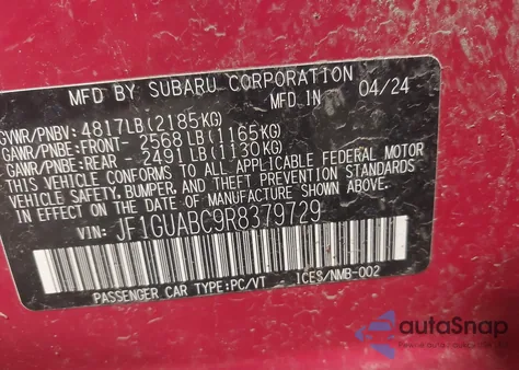 2024 Subaru Impreza Base 5-Door из США, поврежденный, VIN JF1GUABC9R8379729